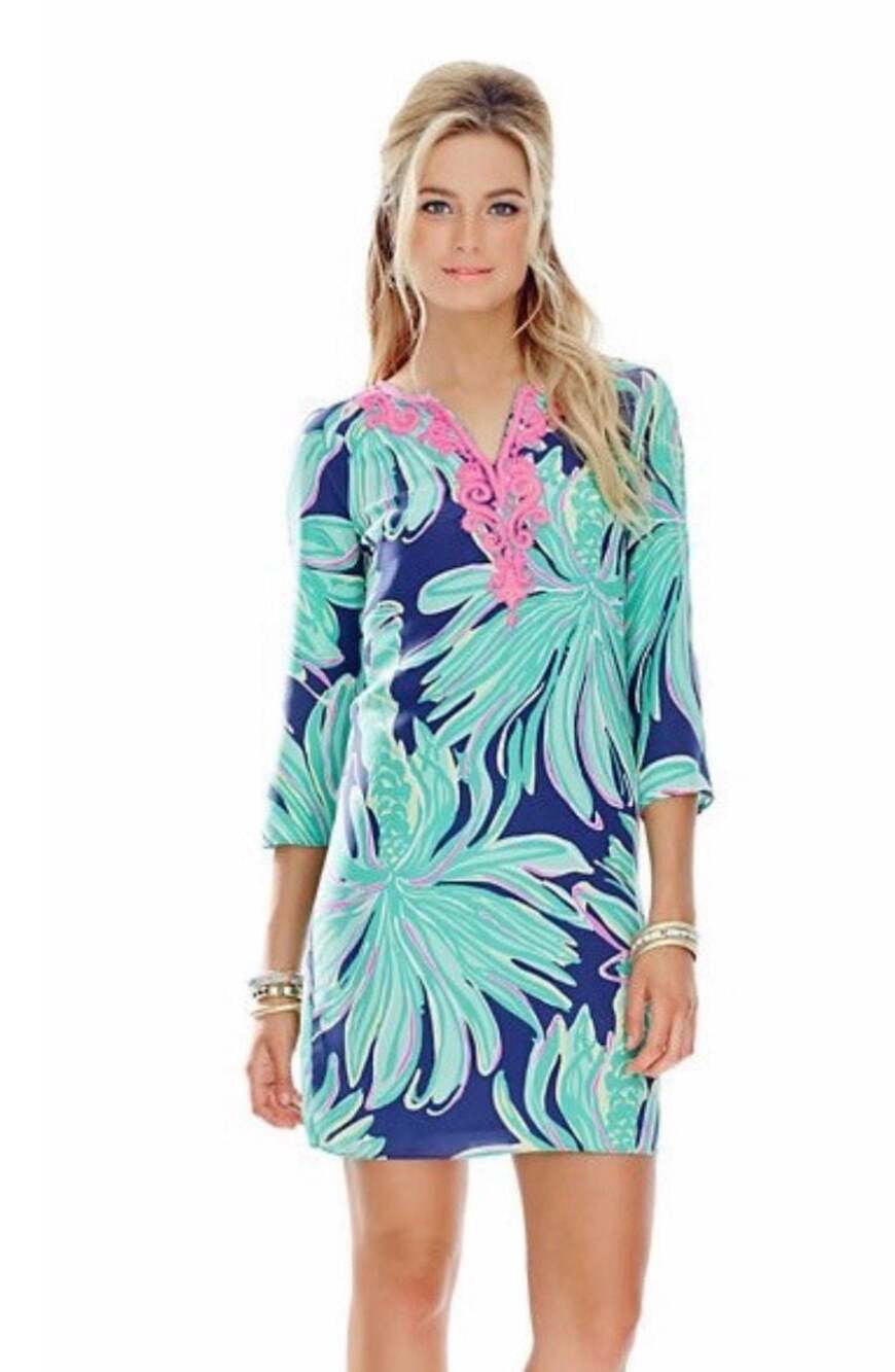 Lilly Pulitzer Rylee Silk Shift Dress Size 4 Tiger Palm Navy Green Pink Beaded